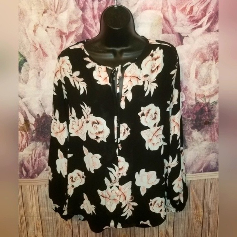 Black Floral Blouse Premise Studio S Keyhole Neckline with Tie Detail